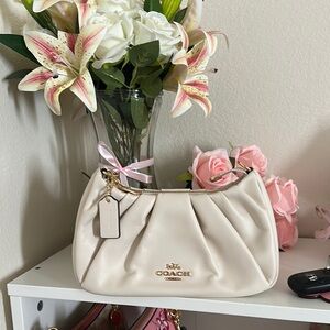 Coach Cream Shoulder Bag with Ruching Design and Gold Hardware
